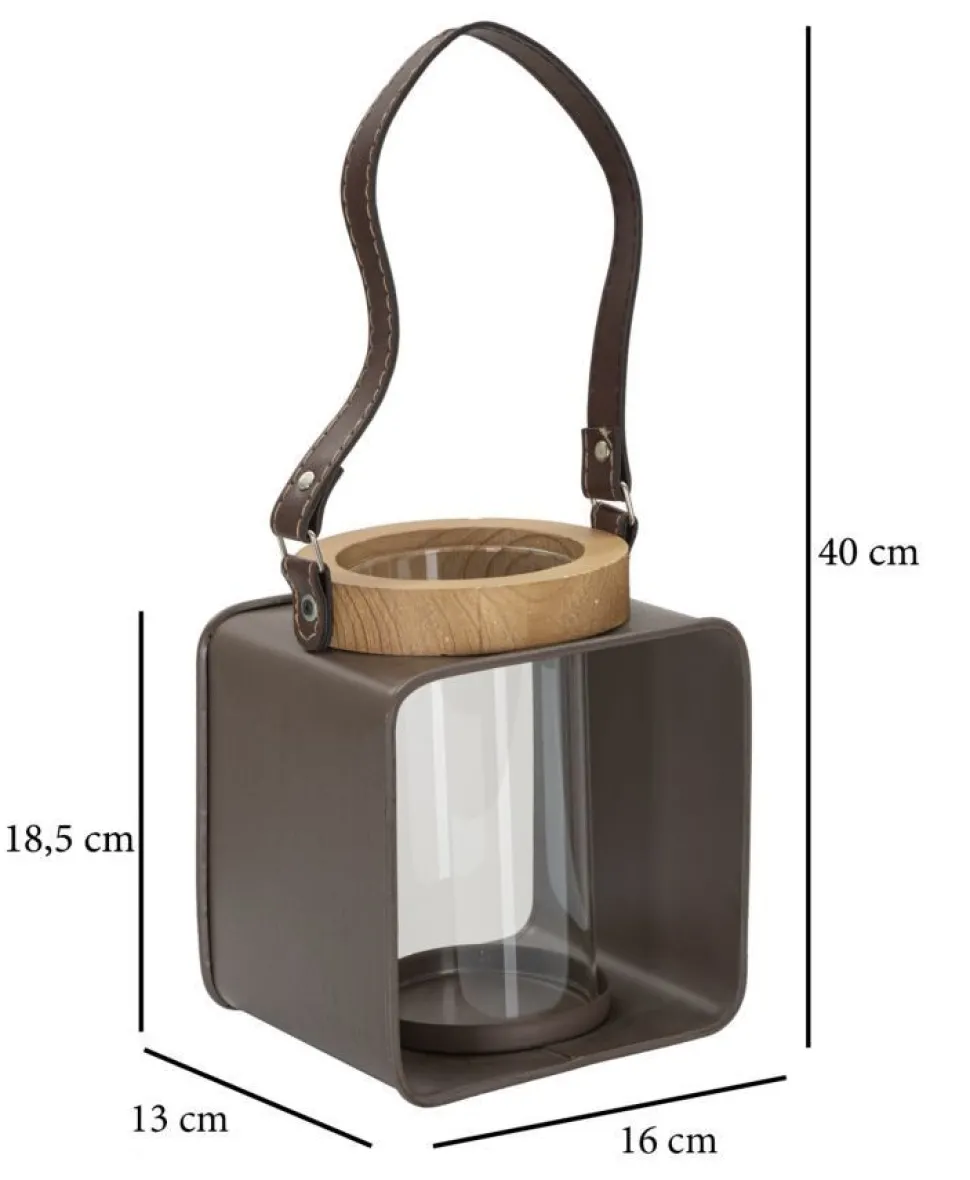 Lanterne en métal et bois design 19ème siècle verre transparent poignée en cuir
