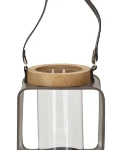 Lanterne en métal et bois design 19ème siècle verre transparent poignée en cuir