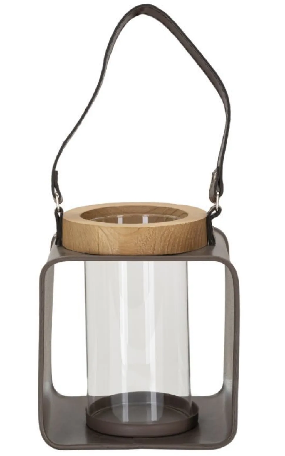 Lanterne en métal et bois design 19ème siècle verre transparent poignée en cuir