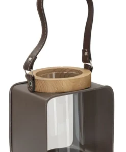 Lanterne en métal et bois design 19ème siècle verre transparent poignée en cuir
