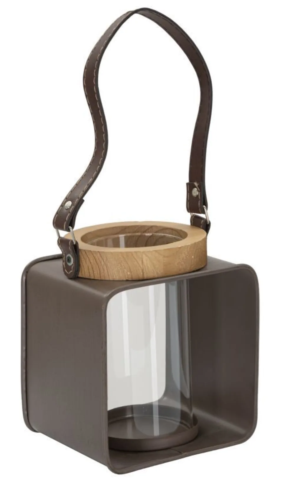 Lanterne en métal et bois design 19ème siècle verre transparent poignée en cuir