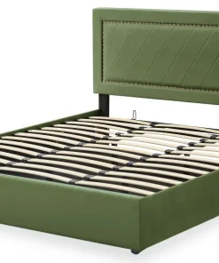 Lit coffre Sandiego avec sommier relevable 180x200cm et tête de lit cloutée Velours Kaki