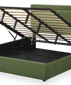 Lit coffre Sandiego avec sommier relevable 180x200cm et tête de lit cloutée Velours Kaki