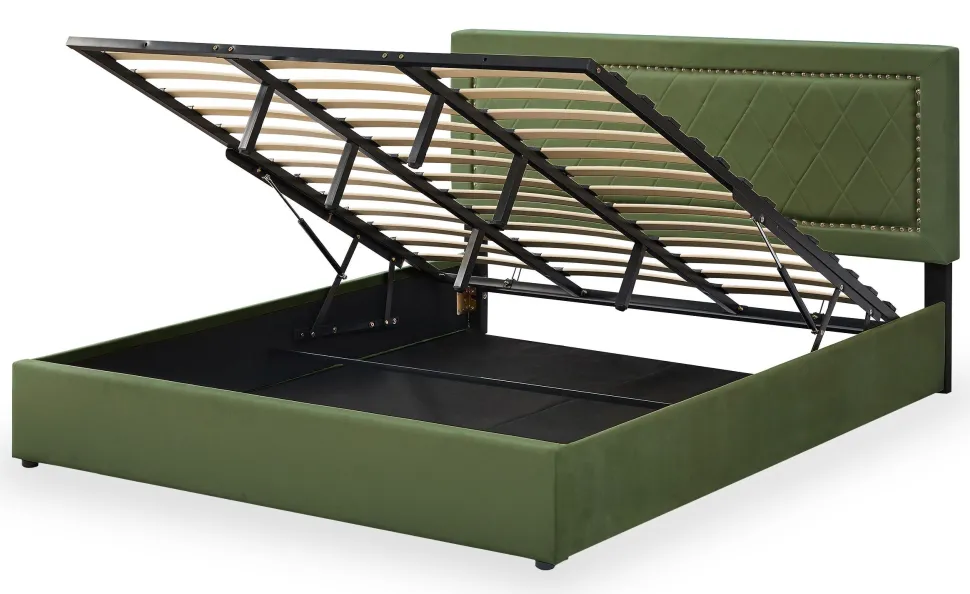 Lit coffre Sandiego avec sommier relevable 180x200cm et tête de lit cloutée Velours Kaki