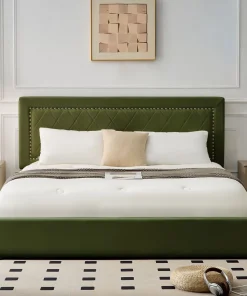 Lit coffre Sandiego avec sommier relevable 180x200cm et tête de lit cloutée Velours Kaki