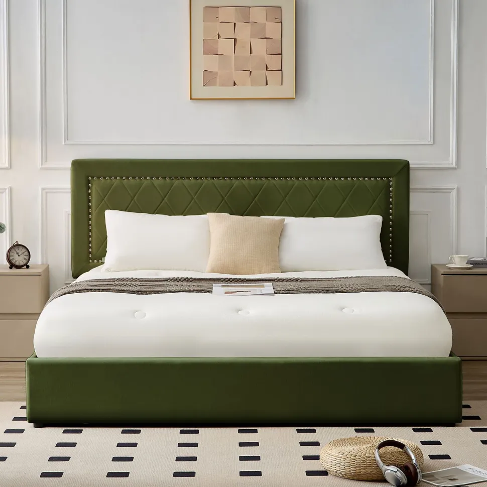 Lit coffre Sandiego avec sommier relevable 180x200cm et tête de lit cloutée Velours Kaki