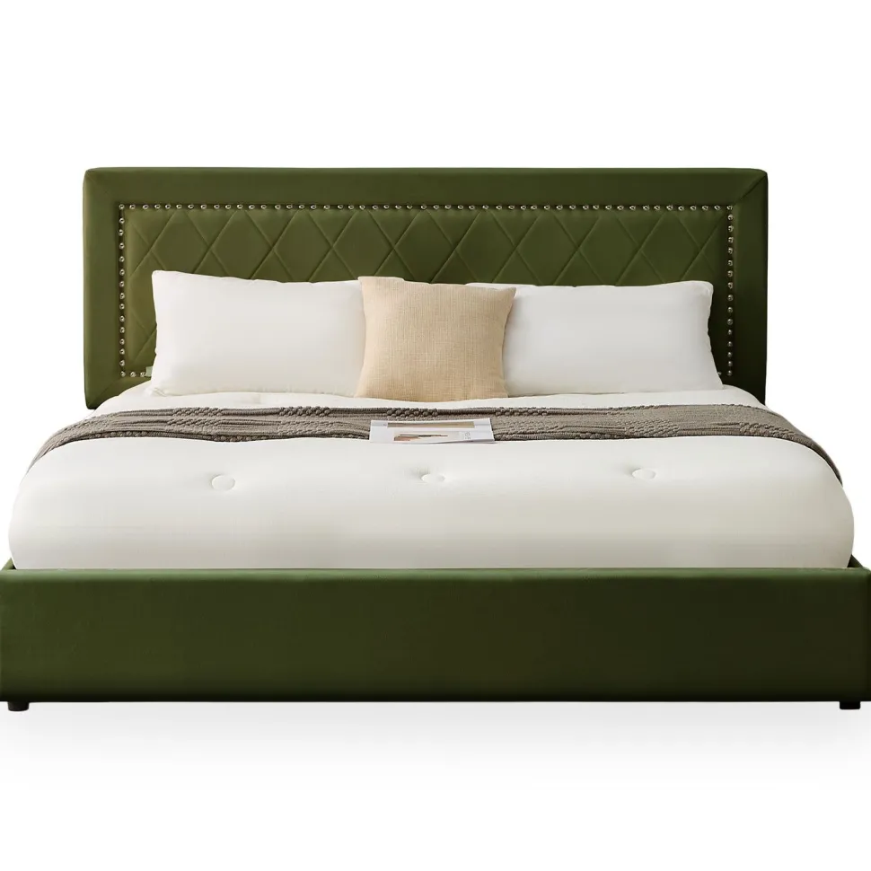 Lit coffre Sandiego avec sommier relevable 180x200cm et tête de lit cloutée Velours Kaki