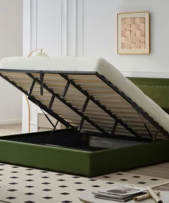 Lit coffre Sandiego avec sommier relevable 180x200cm et tête de lit cloutée Velours Kaki