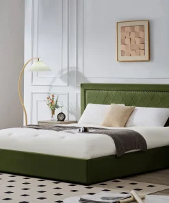 Lit coffre Sandiego avec sommier relevable 180x200cm et tête de lit cloutée Velours Kaki