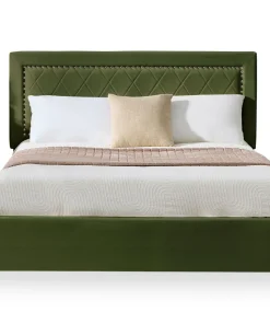 Lit coffre Sandiego avec sommier relevable 140x200cm et tête de lit cloutée Velours Kaki
