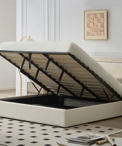 Lit coffre Sandiego avec sommier relevable 180x200cm et tête de lit cloutée Velours Beige clair