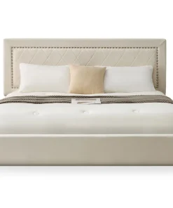 Lit coffre Sandiego avec sommier relevable 180x200cm et tête de lit cloutée Velours Beige clair