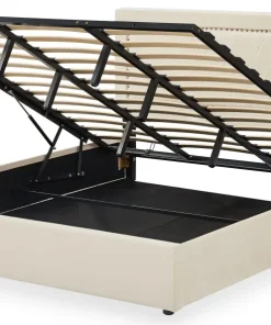 Lit coffre Sandiego avec sommier relevable 180x200cm et tête de lit cloutée Velours Beige clair