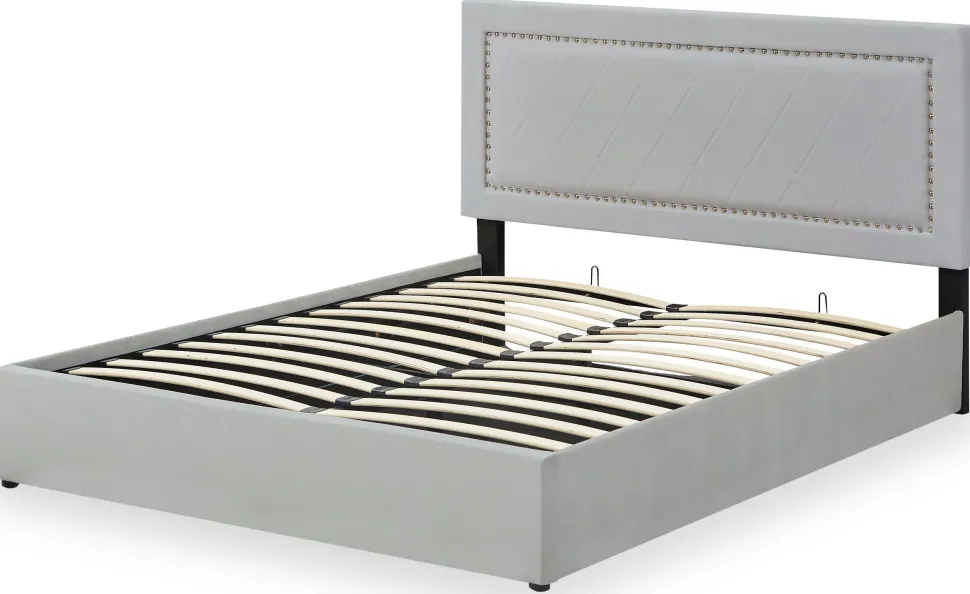 Lit coffre Sandiego avec sommier relevable 140x200cm et tête de lit cloutée Velours Gris clair