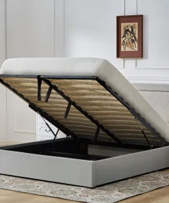 Lit coffre Sandiego avec sommier relevable 140x200cm et tête de lit cloutée Velours Gris clair