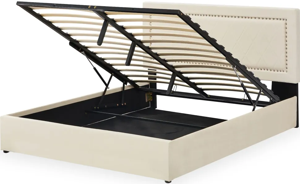 Lit coffre Sandiego avec sommier relevable 160x200cm et tête de lit cloutée Velours Beige clair