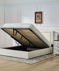 Lit coffre Sandiego avec sommier relevable 160x200cm et tête de lit cloutée Velours Beige clair