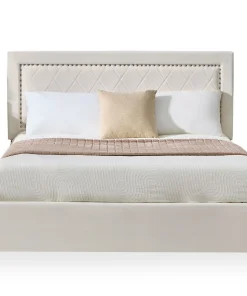 Lit coffre Sandiego avec sommier relevable 160x200cm et tête de lit cloutée Velours Beige clair