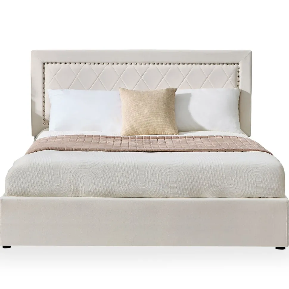 Lit coffre Sandiego avec sommier relevable 160x200cm et tête de lit cloutée Velours Beige clair