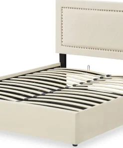 Lit coffre Sandiego avec sommier relevable 160x200cm et tête de lit cloutée Velours Beige clair