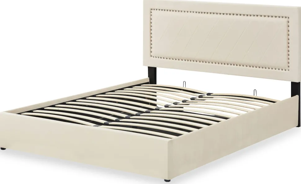 Lit coffre Sandiego avec sommier relevable 160x200cm et tête de lit cloutée Velours Beige clair