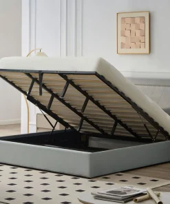 Lit coffre Sandiego avec sommier relevable 180x200cm et tête de lit cloutée Velours Gris clair