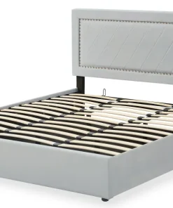 Lit coffre Sandiego avec sommier relevable 180x200cm et tête de lit cloutée Velours Gris clair