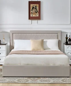 Lit coffre Sandiego avec sommier relevable 140x200cm et tête de lit cloutée Velours Taupe