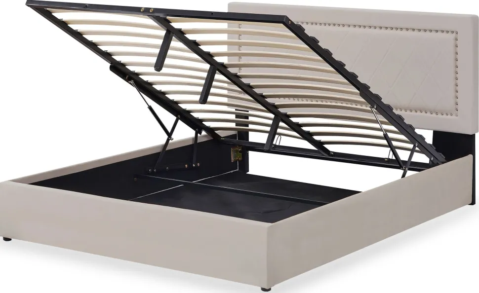 Lit coffre Sandiego avec sommier relevable 140x200cm et tête de lit cloutée Velours Taupe