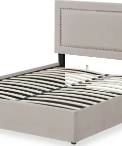Lit coffre Sandiego avec sommier relevable 140x200cm et tête de lit cloutée Velours Taupe