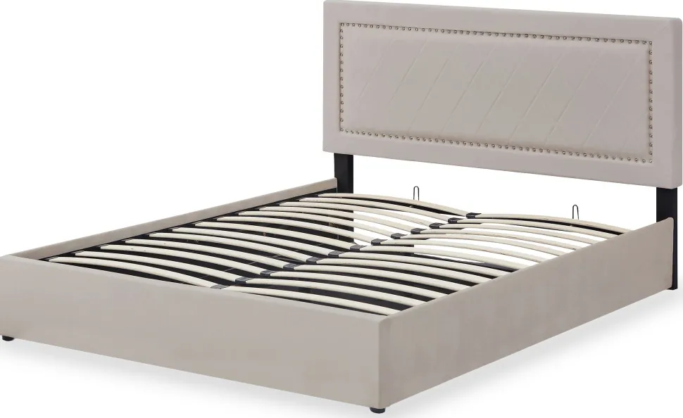 Lit coffre Sandiego avec sommier relevable 140x200cm et tête de lit cloutée Velours Taupe