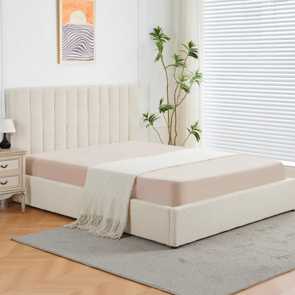 Lit Coffre Songe + Sommier Tissu bouclette Beige 160cm