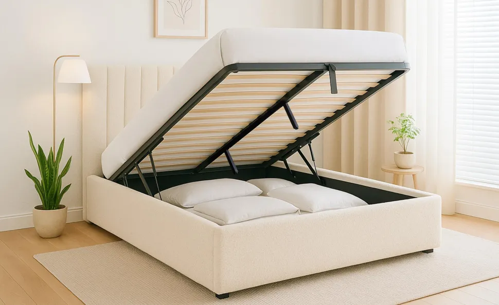 Lit Coffre Songe + Sommier Tissu bouclette Beige 160cm