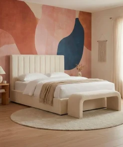 Lit Coffre Songe + Sommier Tissu bouclette Beige 140cm