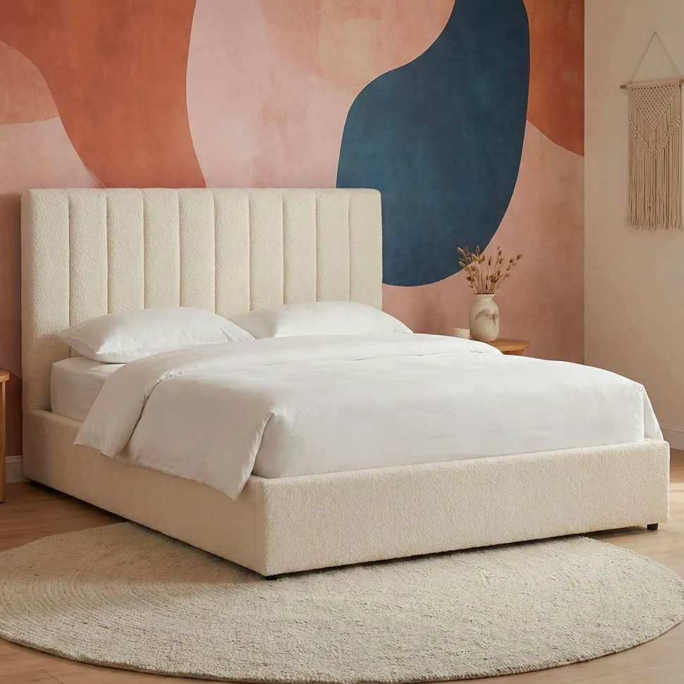 Lit Coffre Songe + Sommier Tissu bouclette Beige 140cm
