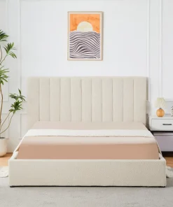 Lit Coffre Songe + Sommier Tissu bouclette Beige 180cm