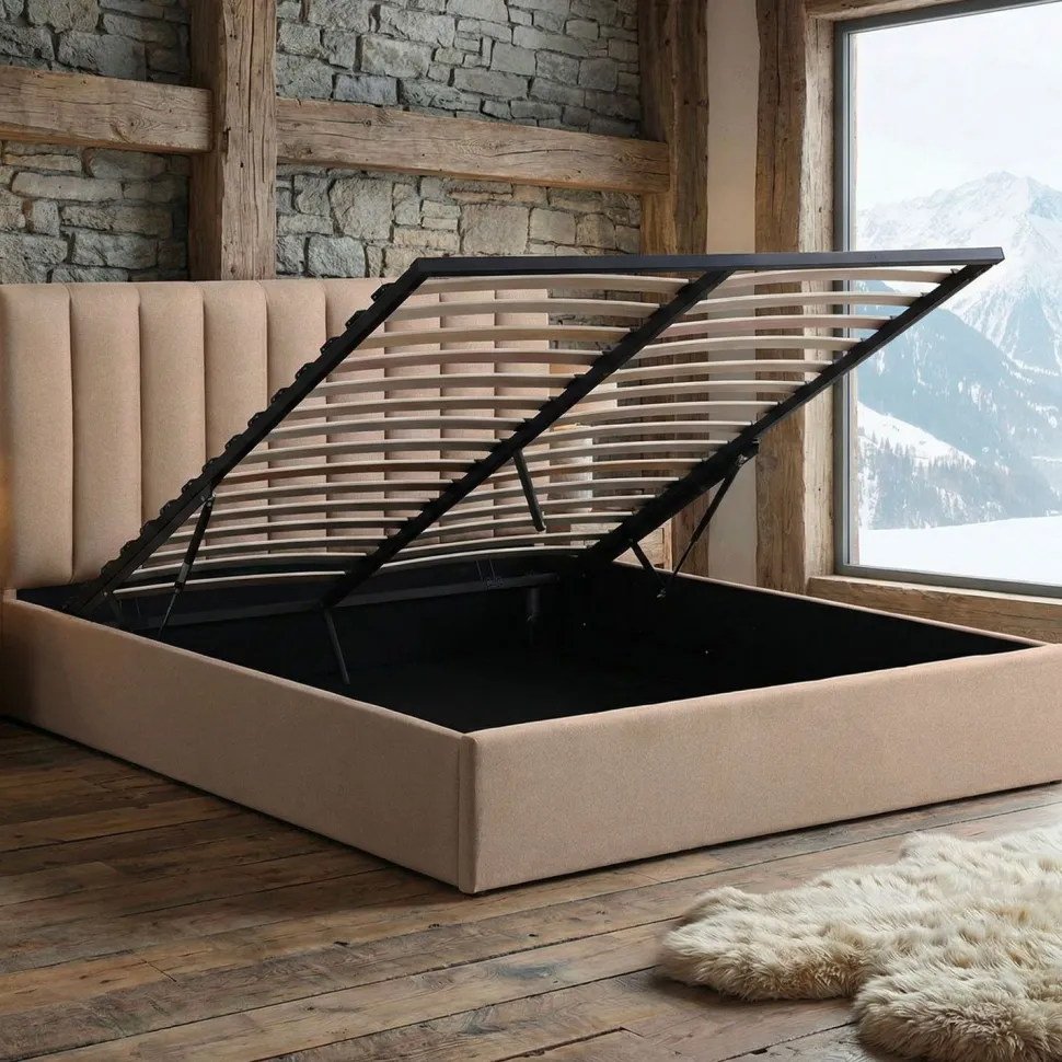 Lit Coffre Songe + Sommier Tissu Beige 180cm