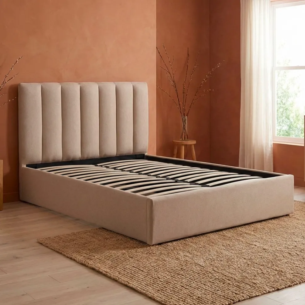 Lit Coffre Songe + Sommier Tissu Beige 140cm