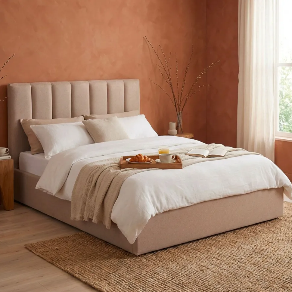 Lit Coffre Songe + Sommier Tissu Beige 140cm