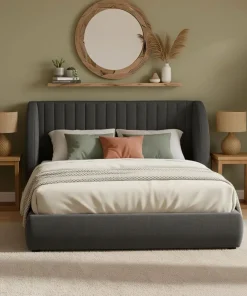 Lit coffre-complet avec tête de lit modulable Cocon 140x200cm Tissu Gris foncé