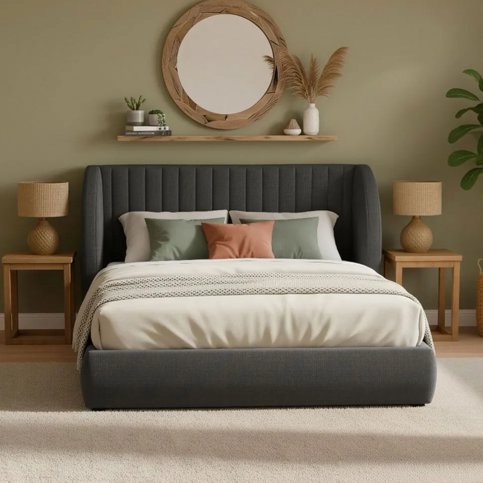Lit coffre-complet avec tête de lit modulable Cocon 140x200cm Tissu Gris foncé