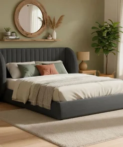 Lit coffre-complet avec tête de lit modulable Cocon 140x200cm Tissu Gris foncé