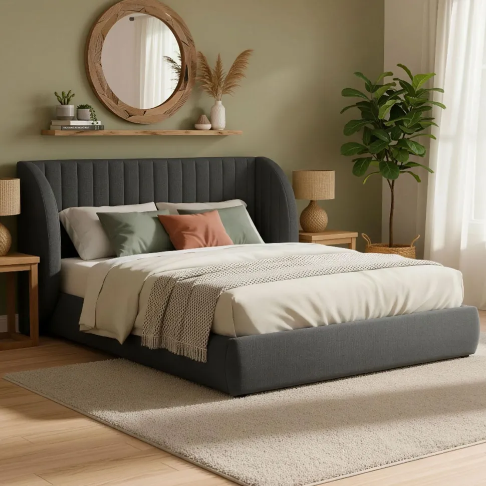 Lit coffre-complet avec tête de lit modulable Cocon 140x200cm Tissu Gris foncé