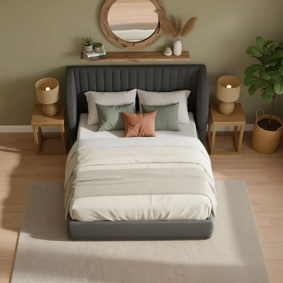 Lit coffre-complet avec tête de lit modulable Cocon 140x200cm Tissu Gris foncé