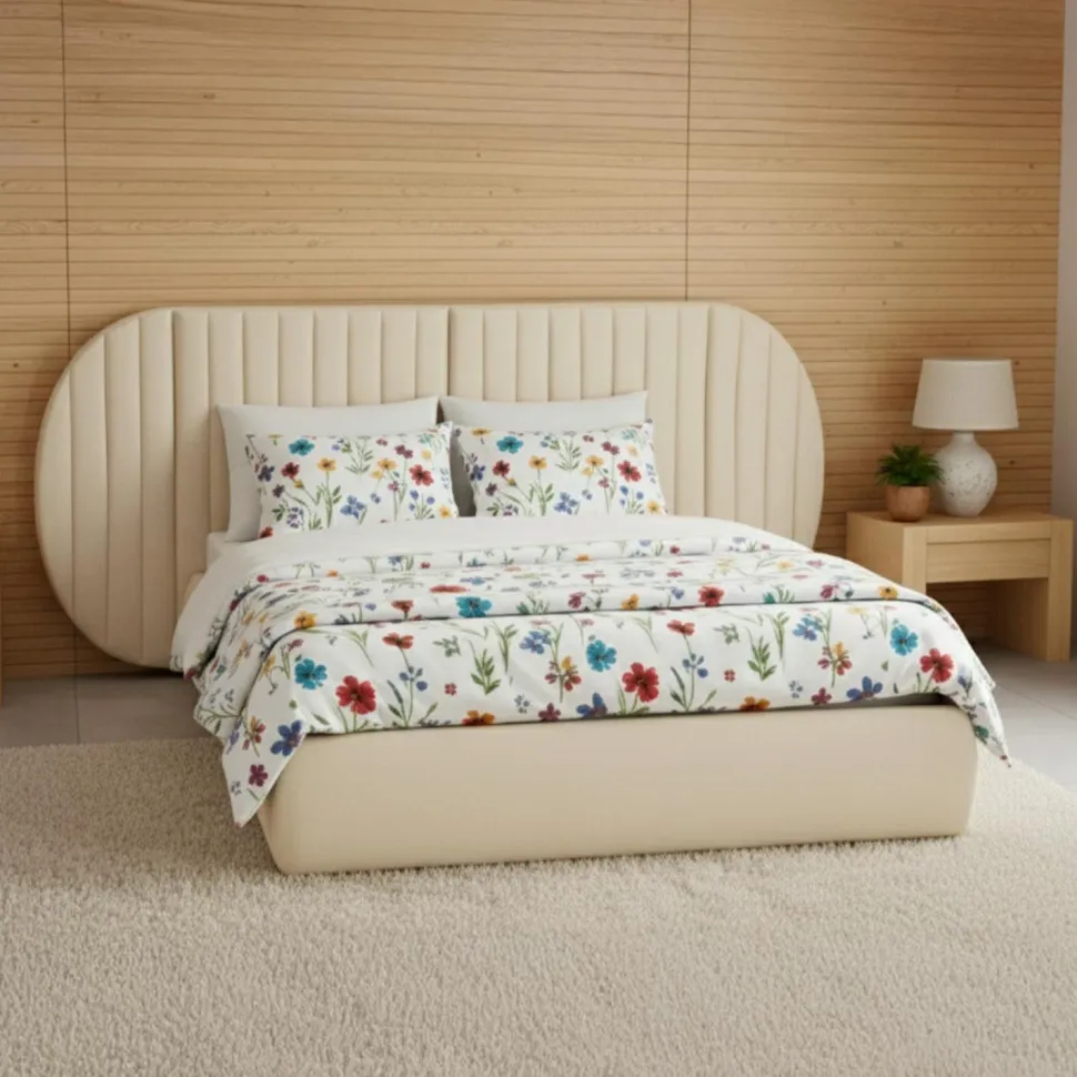 Lit coffre-complet avec tête de lit modulable Cocon 140x200cm Tissu Beige