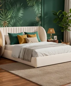 Lit coffre-complet avec tête de lit modulable Cocon 140x200cm Tissu Beige