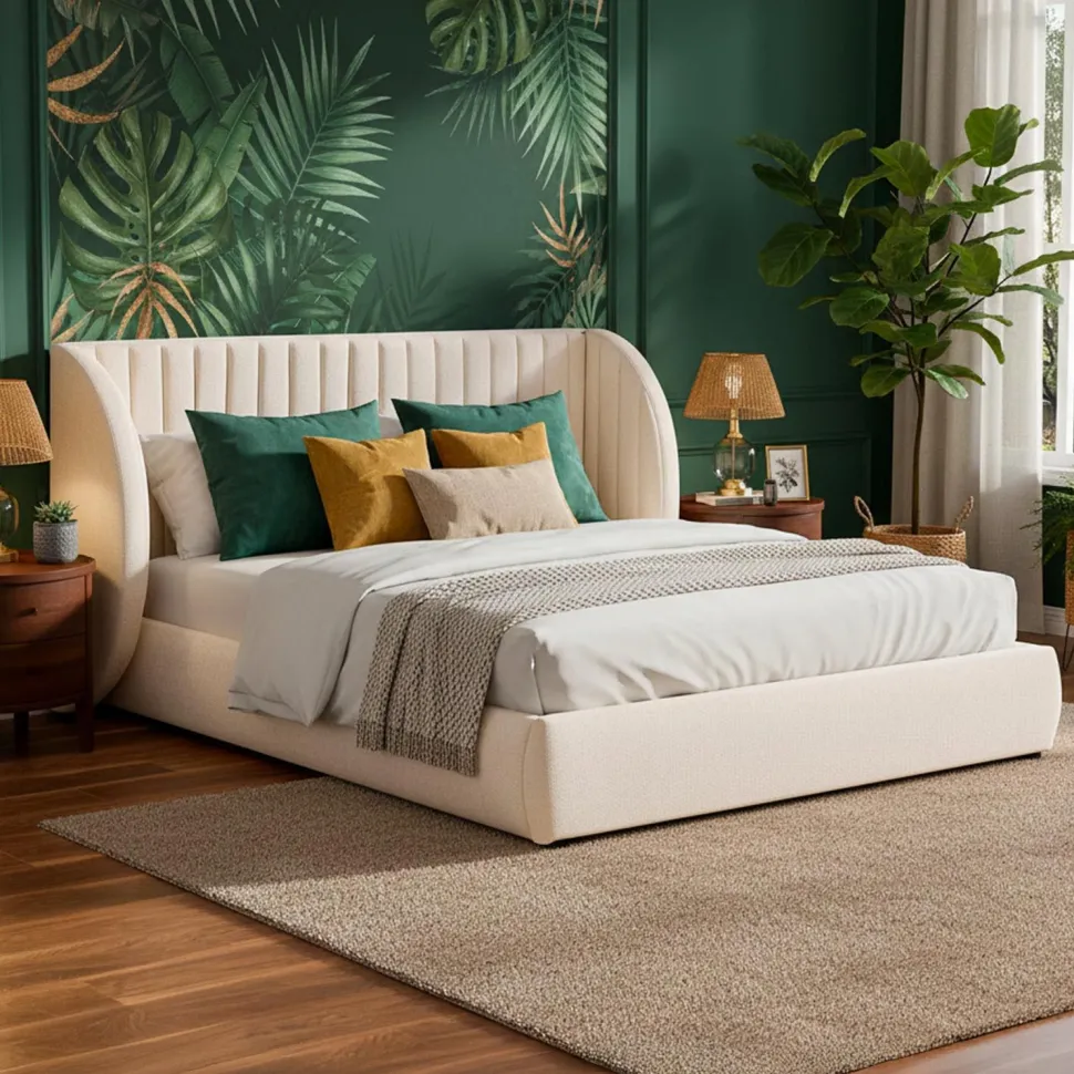 Lit coffre-complet avec tête de lit modulable Cocon 140x200cm Tissu Beige