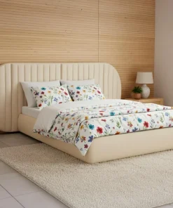 Lit coffre-complet avec tête de lit modulable Cocon 140x200cm Tissu Beige