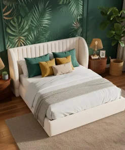 Lit coffre-complet avec tête de lit modulable Cocon 140x200cm Tissu Beige