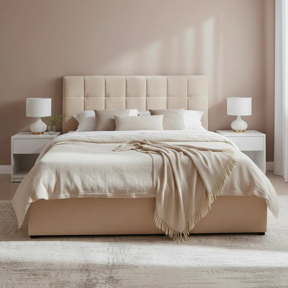 Lit double Luftani avec sommier relevable 160x200cm Velours Beige